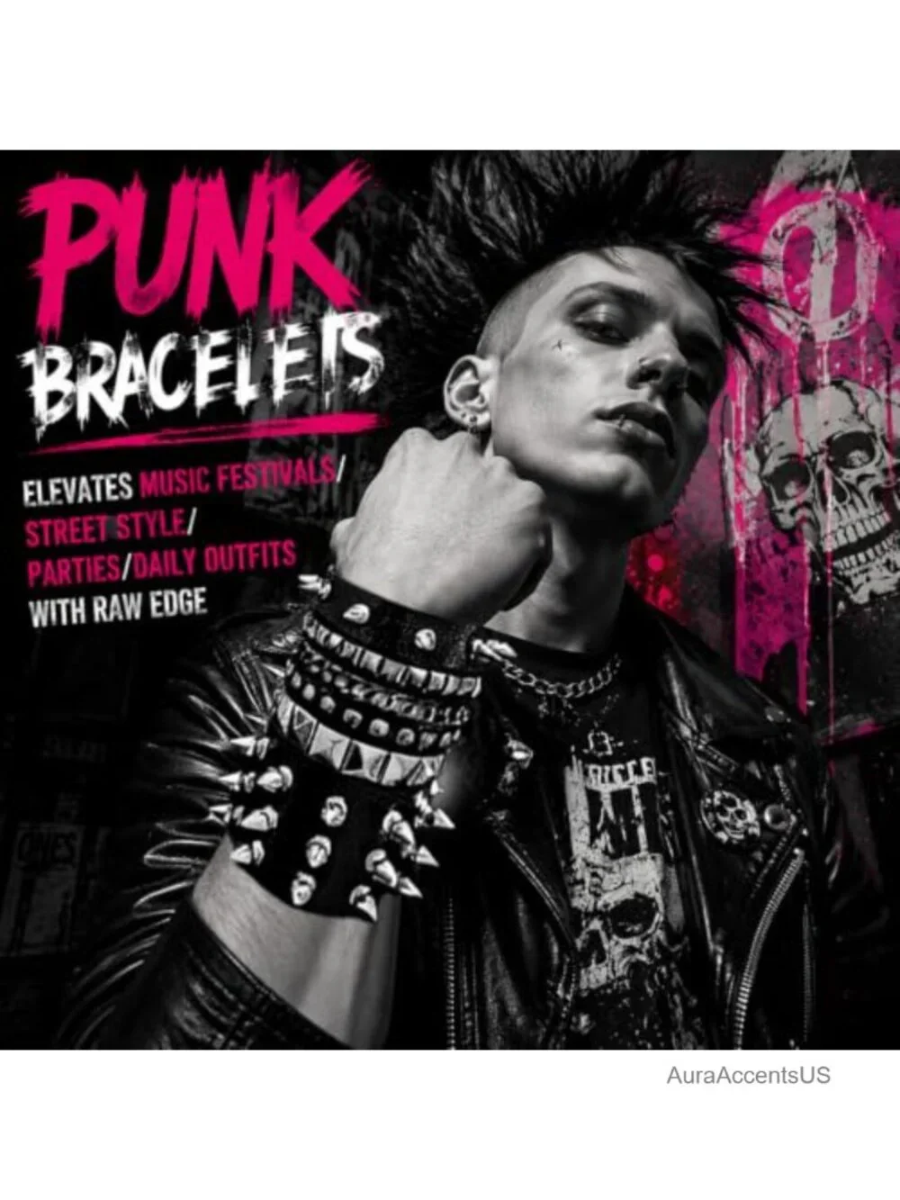 Punk Rock Studded Bracelet Set Spiked Leather Cuff